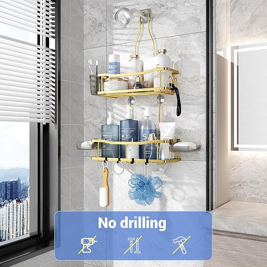 Hanging Shower Caddy Bathroom Organizer: Rustproof Shower Shelf Racks Over Shower Head - No Drilling Inside Bath Shower Rack Shelves Over Showerhead for Shampoo with Soap Holder Gold