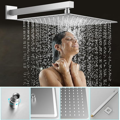 Shower System Modern Rain Brass Faucet Set With Valve and Diverter Shower Mixer With Handheld High Pressure Square Rainfall Shower Valve (12'' Wall Mount, Brushed Nickel)
