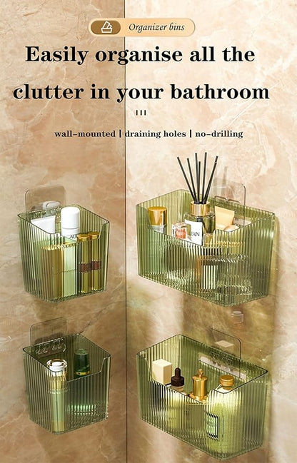 Set Of 2 Storage Organizer Bins Wall Mounted Shower Basket, Shower Caddy Stackable Clear Plastic Makeup Organizer Adhesive Hanging Bin for Bathroom, Kitchen, Cabinet, Pantry, BPA Free, Green