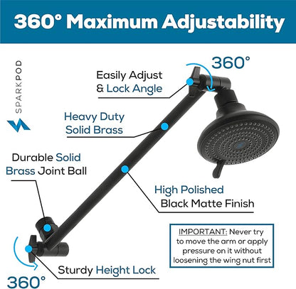 SparkPod 16" Solid Brass Shower Head Extension Arm - Flexible Height & Angle Adjustable Shower Arm Extension for Rain Showerheads with Sturdy Lock - Universal Pipe Connection (Midnight Black Matte)