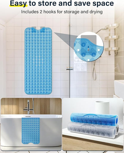 Non Slip Bathtub Mat for Tub & Shower, Machine Washable 40"x16" Anti Slip Bath Mat with 2 Hooks, Soft & Comfortable and Extra Largefor Families, Clear Blue
