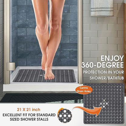 ENKOSI Non-Slip Square Shower Mat 21 x 21 inch – Anti-Slip PVC Bath Mat for Inside Shower Stalls – Durable Shower Floor Mat with Suction Cups and Drain Holes (21x21 Clear Blue)