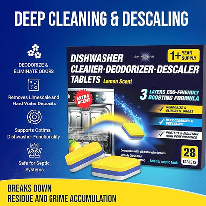 Dishwasher Cleaner Deodorizer Descaler Tablets - 56 Tabs - 1 Plus Year Supply - Extra Scented Deep Cleaning Sanitizer Pods - Remove Hard Water - Contain Citric Acid Heavy Duty Septic Safe - Lemon