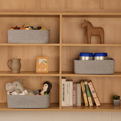 Large Shallow Organizing Baskets 15x11x5.1 Inches - Rope Woven Storage Bins for Bathroom, Shelves, Cube Closet, Mixed Grey 3 Packs