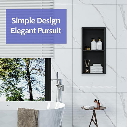 Shower Niche No Tile Needed, 12" X 24"(Inner Size 11"X22.6") Bathroom Niche for Shower Wall, Black Stainless Steel Shower Niche Insert for Bathroom, Recessed 2-Tier Wall Niche Shelf