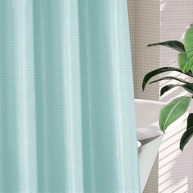 MitoVilla Teal Waffle Small Stall Shower Curtain Liner Set 36 x 74, No Hooks Required Half Size Narrow Fabric Cloth Shower Curtain Set with Snap-in Liner for Modern Bathroom Decor, Teal/Turquoise/Aqua
