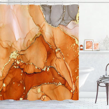 Orange Marble Shower Curtain, Burnt Orange Modern Abstract Fabric Shower Curtains for Bathroom, Luxury Art Ink Texture Watercolor Shower Curtain Set with Hooks 72x72