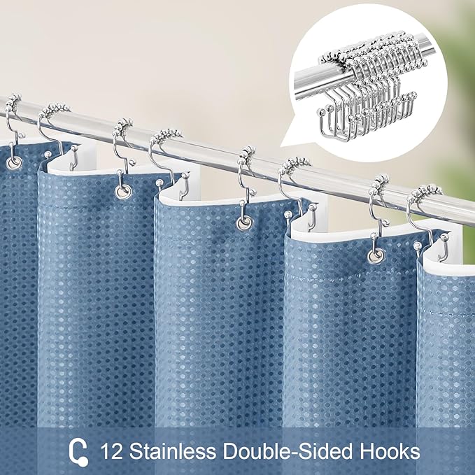 3 in 1 Shower Curtain Set, Moonlight Blue Waffle Shower Curtain and PEVA Liner Set with 12 Stainless Steel Shower Curtain Hooks, Fabric Cloth Shower Curtains for Bathroom, 72 W x 72 H