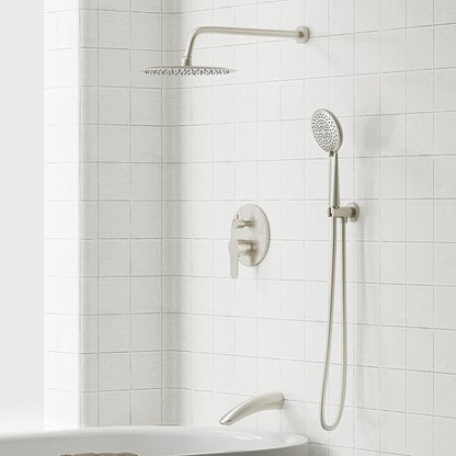 Gabrylly Shower System with Tub Spout, Bathtub Shower Faucet Set with High Pressure 12" Rain head and Handheld Spray, 3-Way Pressure Balance Valve Kit, Brushed Nickel