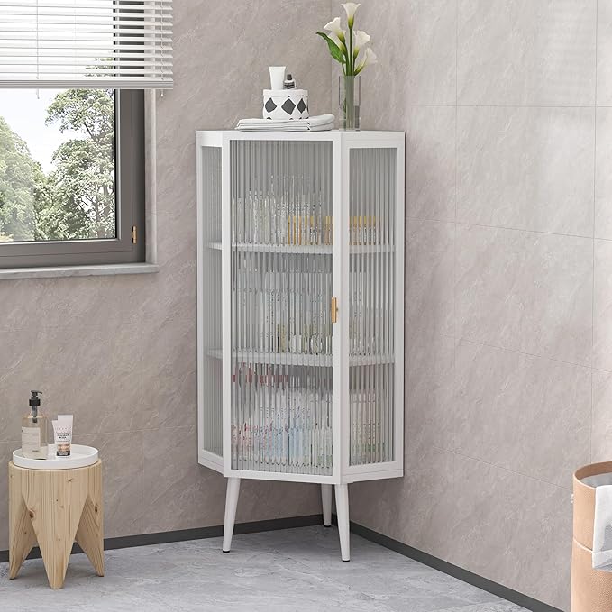 Corner Storage Cabinet with Glass Door, 31" & 43" Freestanding Triangle Floor Cabinet Modern Display Organizer Medicine Cabinets for Bathroom Living Room Bedroom (White, 43')