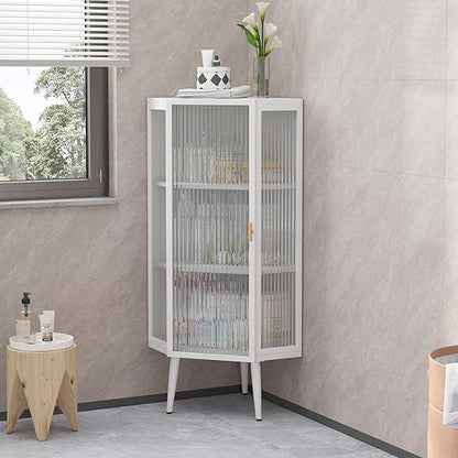 Corner Storage Cabinet with Glass Door, 31" & 43" Freestanding Triangle Floor Cabinet Modern Display Organizer Medicine Cabinets for Bathroom Living Room Bedroom (White, 43')