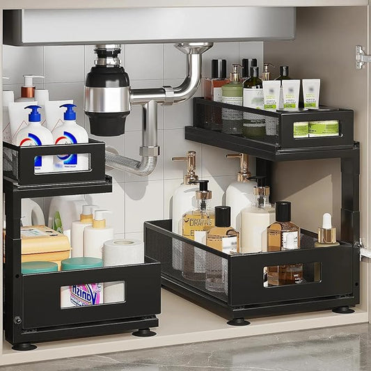 2 Pack Under Sink Organizer with Next-Gen Ball-Bearing Slides,2-Tier Pull Out Cabinet Storage,Height Adjustable Drawer Shelf for Bathroom,Kitchen,Laundry,Cabinet,Pantry(Patent Pending)