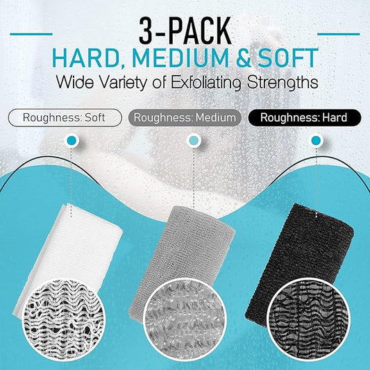 Hula Home Exfoliating Body Washcloth Variety Pack (3pc) - Soft, Medium & Hard - Nylon Body Scrub Cloth - Ideal Bath Shower Back Scrubber for Men & Women - Enhances Skin Beauty