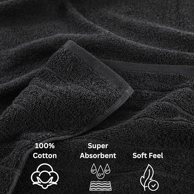 Casa Platino 100% Cotton Bathroom Towels Set - 24 Pcs - Ring Spun, Quick Dry, Soft & Absorbent - 2 Bath Sheets, 2 Gym, 2 Bath, 4 Fingertip, 6 Hand Towels, 8 Washcloths - Pre Shrunk - Black Towel Set
