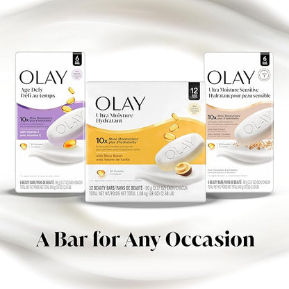 Olay Beauty Bar, Ultra Moisture,10x More Moisturizers, Nourishing Conditioners, Smooth & Gentle on Skin, Vitamin B3 Complex, For All Skin Types, Shea Butter Scent, 3.17 oz, (Pack of 12)