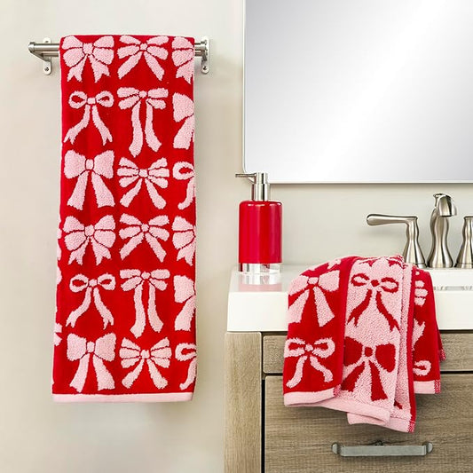 SKL Home Bow Jacquard 100% Cotton Premium Bath Towel, 500 GSM, Reversible, Soft & Absorbent, Decorative/Everyday Christmas/Winter/Valentine's Day, Red/Pink