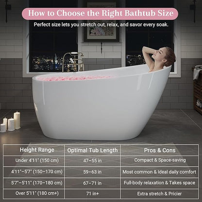 ABRUZZO 63" Acrylic Freestanding Bathtub - Deep Soaking Tub with Pop-Up Drain & Overflow, Glossy White Standalone Bathtub for Modern Bathroom, Fiberglass Reinforced Construction