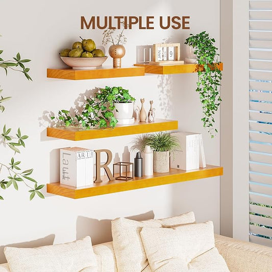 Heimlove 24 inch Floating Shelves for Wall,2 Packs Natural Pine Solid Wood Floating Shelves, 8 inches Deep Wooden Shelves for Kitchen Bedroom Office & Living Room Display Wall Decor