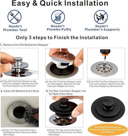 Artiwell Universal Lift and Turn Bath Drain Stopper and Cover, Bathtub Drain Stopper, Replaces Lift and Turn, Tip-Toe and Trip Lever drains for Tub, EZ Installation and Clearing (MATT Black)