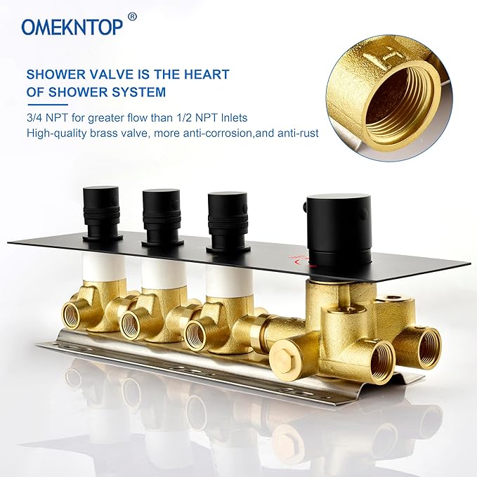 Matte Black 3 Way Shower Diverter Valve - 3 Function Thermostatic Mixer Brass Valve with Individual On/Off Flow Control for Shower Arm & Shower Kit
