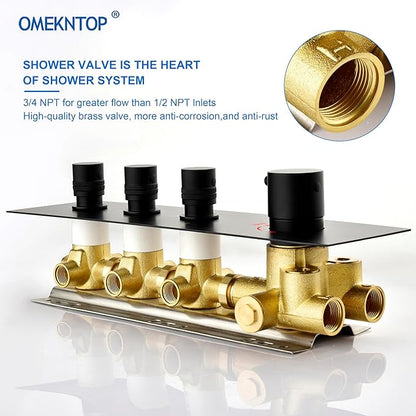 Matte Black 3 Way Shower Diverter Valve - 3 Function Thermostatic Mixer Brass Valve with Individual On/Off Flow Control for Shower Arm & Shower Kit