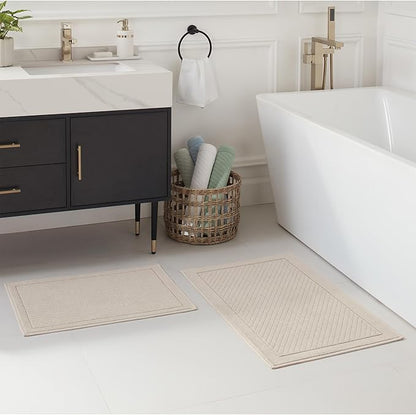 Arkwright 100% Cotton Bathroom Rug - High Absorbent Stylish Textured Woven Design Bath Mat, Slip Resistant Backing for Shower and Bathtub Floor, 20x32 in - Beige