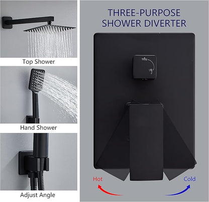 Black Shower Faucet Set, Bathroom Shower System 10 Inch Rain Shower Head and Handheld Wall Mounted, 3-Setting Handheld Shower Faucets Sets Complete with 2 Way Pressure Balance Shower Valve Kit