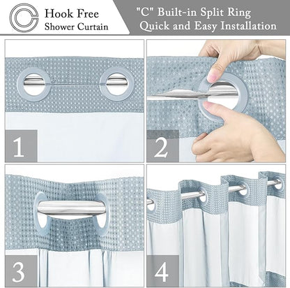 Gibelle Long Shower Curtain 72x80, Waffle Weave Bathroom Shower Curtain with Snap-in Fabric Liner Set, No Hooks Needed, Hotel Style with Mesh Top Window, Fog Blue
