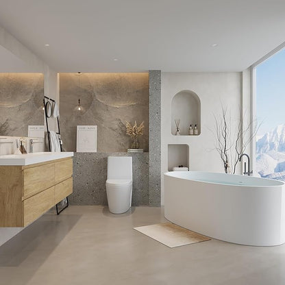 Abruzzo 65" Matte White Freestanding Solid Surface Bathtub, Stone Resin Freestanding Bath Tub with Overflow and Pop-up Drain