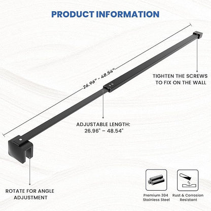 Shower Door Glass Support Bar, 26.96" to 48.54" Adjustable Stainless Steel Wall-to-Glass Shower Stabilizer Rod for 1/4", 5/16", 3/8", Matte Black