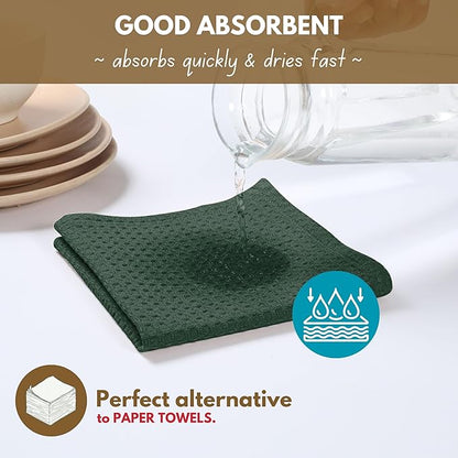 Native Fab Cotton Kitchen Towel with Hanging Loop 16x26 inches, 4-Pack, Waffle Weave Kitchen Towels for Cleaning Drying, Washcloths Soft & Absorbent Cloth Rags, Bar Towel, Dish Cloth, Olive Green