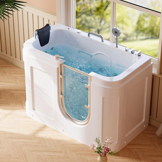 Homary Walk-In Bathtub for Seniors with Hydrotherapy Massage - Air Bubble Jets Bathtub, LED Chromatherapy Light, Thermostatic Faucet, Built-In Seat & Grab Bars, 3-Sided Apron Safety Tub for Elderly