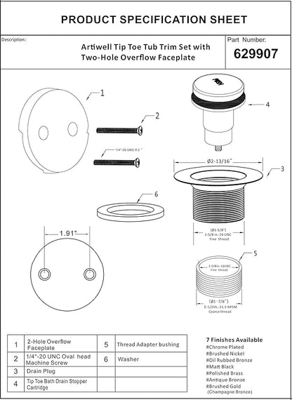 Artiwell Tip-Toe Bathtub Drains Trim Set with Two-Hole Overflow Faceplate, Replacement Bath Drain Trim Kit with 2-Hole Overflow Faceplate and Universal Fine/Coarse Thread (POLISHED BRASS)