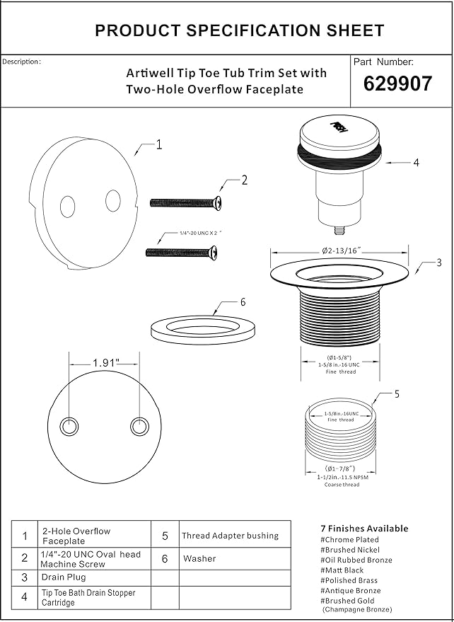 Artiwell Tip-Toe Bathtub Drains Trim Set with Two-Hole Overflow Faceplate, Replacement Bath Drain Trim Kit with 2-Hole Overflow Faceplate and Universal Fine/Coarse Thread (MATT BLACK)