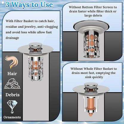 3 in 1 Bathroom Sink Drain Strainer,Universal Pop Up Bathroom Sink Stopper Hair Catcher,with Filter Basket Sealing Ring for Anti-Clogging Odor-Proof,Easy Install Drain Catcher for 1.06”~1.61” Hole