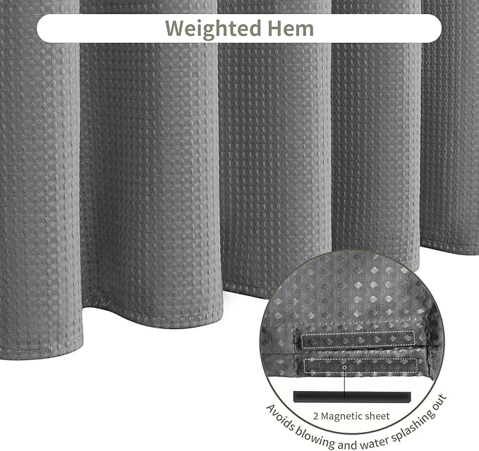 Inhousolu Fabric Shower Curtain Waffle Weave, 230 GSM Heavy Duty, Weighted Hem, 8 Metal Hooks, Water Repellent, Machine Washable, Hotel Spa Luxury Bath Curtain Set, 36 x 72 Inch, Grey
