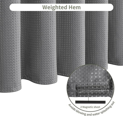 Inhousolu Fabric Shower Curtain Waffle Weave, 230 GSM Heavy Duty, Weighted Hem, 8 Metal Hooks, Water Repellent, Machine Washable, Hotel Spa Luxury Bath Curtain Set, 36 x 72 Inch, Grey