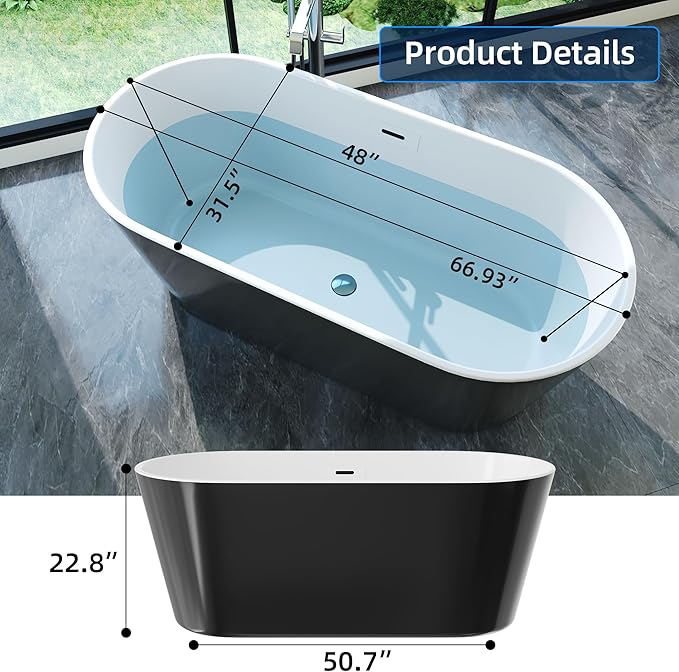 67'' Freestanding Bathtub, Deep Soaking Tub with Non-Slip Base, Acrylic, cUPC Certified Free Standing Tub, Chrome Drain Bath Tub, Modern Tub for Bathrooms, Black