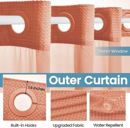Coral Hotel Shower Curtain with Detachable Liner - 230GSM Waffle Textured,Hotel Grade,Spa Like Bath Curtain,71W x 74H
