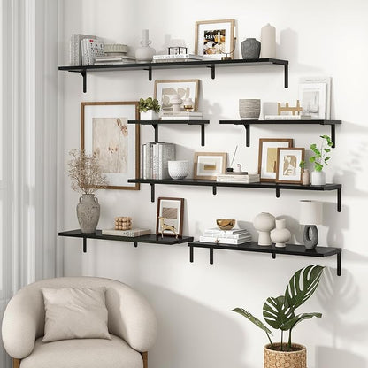 Fun Memories Deep Floating Shelves, 16W x 8D Floating Shelves Set of 2, Wall Mounted Shelf with Metal Brackets, Rustic Wood Wall Shelf for Bathroom, Kitchen and Living Room, Black
