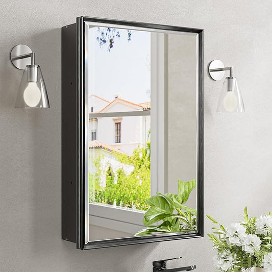 16x24 Pre-Assembled Black Medicine Cabinet with Mirror, Surface or Recessed Medicine Cabinet Mirror for Bathroom, Aluminum Beveled Frame Bathroom Vanity Mirror with Adjustable Shelves Storage