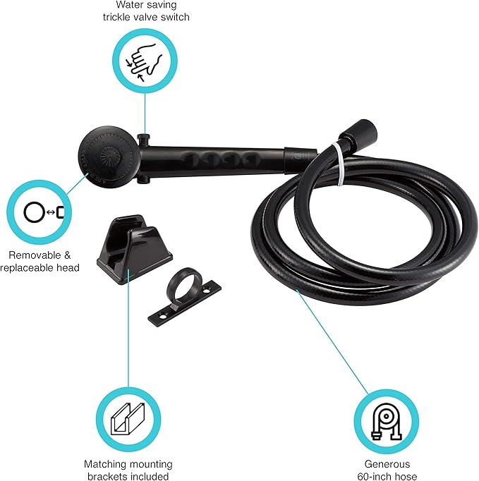 Dura Faucet DF-SA130-BK RV Economical Shower Head and 60-inch Hose Kit - Water-Saving Trickle Switch (Black)