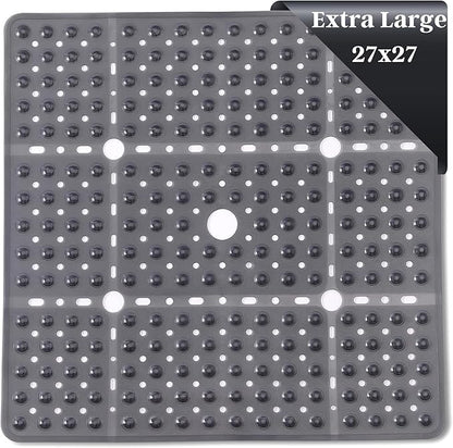 ENKOSI Square Shower Mat 27x27 inch - Large Anti Slip Shower Floor Mat - Non Slip Bathroom Shower Stall Mats with Strong Secure Suction Cups and Drain Holes in Middle (Charcoal 27x27)