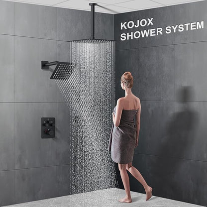 KOJOX Matte Black Thermostatic Shower System, Push Button Diverter Shower Faucet Set with 12" Ceiling Mount Rain Shower, 6" Wall Mount Shower Head, and 4-in-1 Handheld Spray