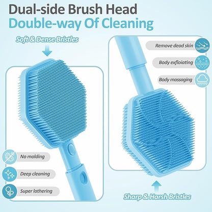 Silicone Back Scrubber & Soft Bath Glove 2PCS, 16''- 21''Extendable Back Scrubber with Dual-Side Large Head, 360° Anti-Slip Hand-fit Silicone Body Scrubber for Rich Foaming Deep Cleaning(Blue)