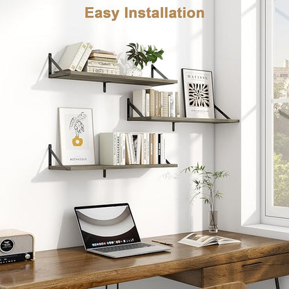Fun Memories Floating Shelves, 32 x 8 Inches, Set of 3 Wall-Mounted Bookshelves with Metal Brackets, Decorative Storage for Home and Office (Grey)