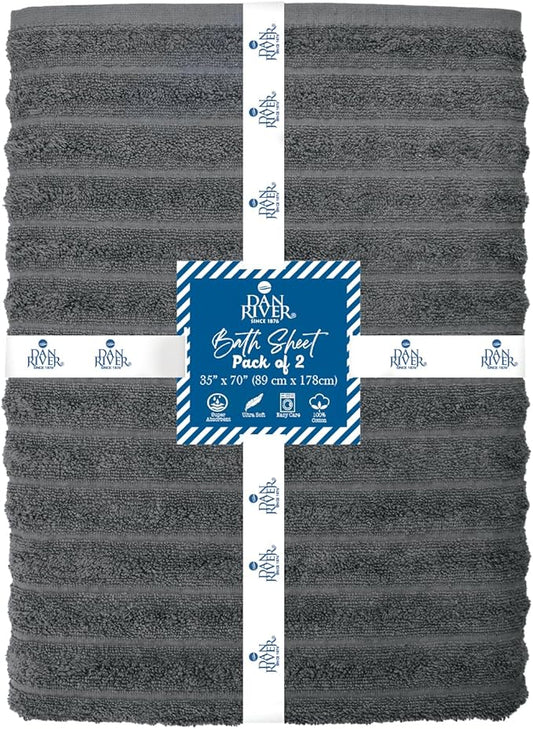 DAN RIVER Pack of 2 Bath Sheet 35x70 Inches, Extra Large Ribbed Gray Bath Towels Oversized, Absorbent Cotton Towels for Bathroom