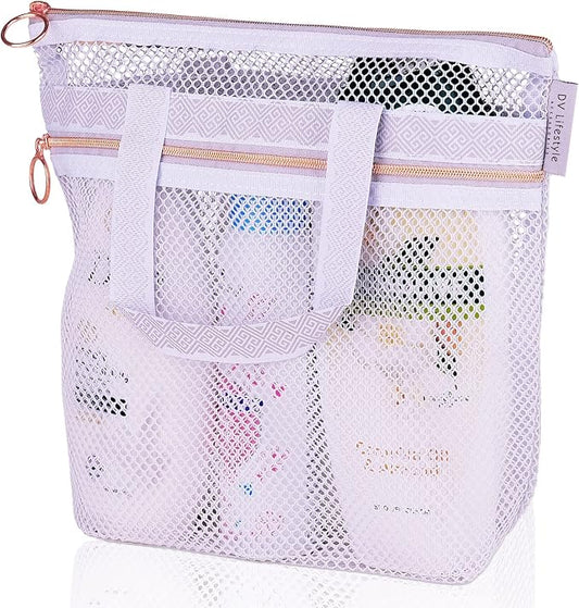 Mesh Shower Bag 10.2x9.9'' Quick-Dry Caddy with Zipper & 2 Pockets. Portable Toiletry Tote for Bathroom, Gym, Travel, Camp, Beach, for Sunscreen, Dorm & College Essentials (Light Gray)