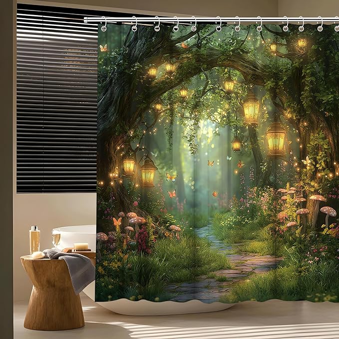 Fantasy Forest Path Shower Curtain Fairy Magical Enchanted Misty Jungle Mushroom Floral Tree Butterfly Lantern Wonderland Plant Bath Curtain Fabric Bathroom Accessories Decor with Hooks 70W x90L