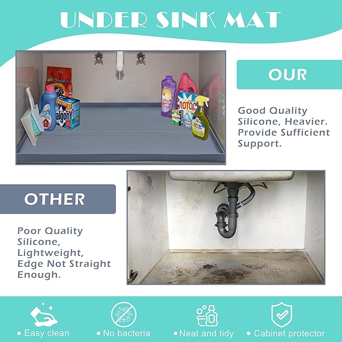 URMONA Waterproof Silicone Under Sink Mat 22'' x 22'' Shelf Liner for Kitchen and Bathroom, Cabinet and Counter Protector, Storage and Organizers, Litter Mat, Pet Cat Puppy Essentials(Cream)